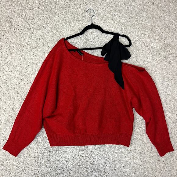 NY& C Sweater Womens XXL Red Asymmetrical Bow Tie Holiday - Picture 1 of 9